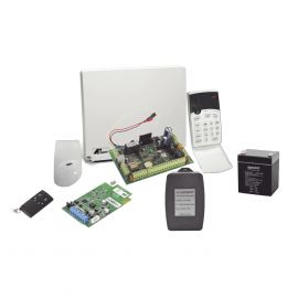 Kit de alarma de 8 a 16 zonas híbrido incluye: sensor de movimiento inalámbrico, receptor inalámbrico, 2 contactos magnéticos inalámbricos y control remoto inalámbrico.