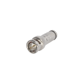 Conector BNC Macho en 75 Ohm, de Compresión Axial para Cable Coaxial RG-59/U, Níquel/ Oro/ Politetrafluoroetileno.