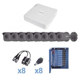 KIT TurboHD 720p / Incluye DVR 8 Ch / 8 Cámaras Balas (exterior 3.6 mm) / Conectores / Transceptores / Fuente de Poder Profesional hasta 15 Vcd para Larga Distancia