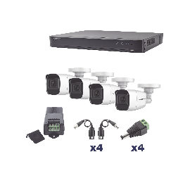 KIT TurboHD 1080p / DVR 4 Canales / 4 Cámaras Bala Policarbonato con Audio Integrado (exterior 2.8 mm) / Transceptores / Conectores / Fuente de Poder Profesional