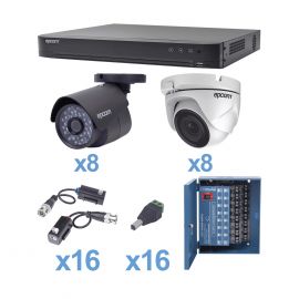 KIT TurboHD 1080p / DVR 16 Canales / 8 Cámaras Bala (exterior 2.8 mm) / 8 Cámaras Eyeball (exterior 2.8 mm) / Transceptores / Conectores / Fuente de Poder Profesional