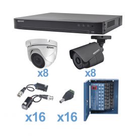 KIT TurboHD 1080p / DVR 16 Canales / 8 Cámaras Bala (exterior 2.8 mm) / 8 Cámaras Eyeball (exterior 2.8 mm) / Transceptores / Conectores / Fuente de Poder Profesional