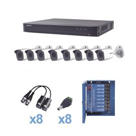 KIT TurboHD 1080p / DVR 8 Canales / 8 Cámaras Bala (exterior 2.8 mm) / Transceptores / Conectores / Fuente de Poder Profesional hasta 15 Vcd para Larga Distancias
