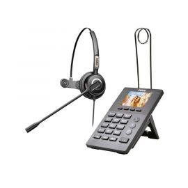 Teléfono IP para Call Center, incluye diadema HT201 y fuente de alimentación.