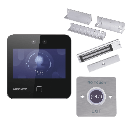 Kit de Control de Acceso TODO INCLUIDO con Lector de Rostros, QRs y Tarjetas / 1,500 rostros / Compatible con App HIKConnect /Incluye Electroimán  Botón de Salida y Montajes Z y L para imán