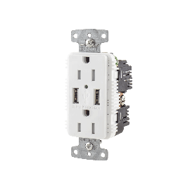 Contacto Dúplex con 2 Puertos USB, 15A 125V, 2 Polos, 3 Hilos, Color Blanco.
