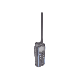 Radio portátil marino color azul metálico, 5 W de potencia RF, 0.5 W de salida de audio, flotante, sumergible IPX7, Tx: 156.025-157.425MHz, Rx: 156.050-163.275MHz , incluye batería de 1500mAh, cargador, antena clip y correa de mano