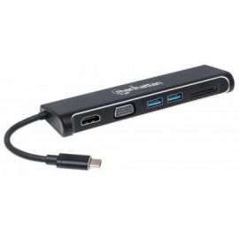 Convertidor Docking USB-C MANHATTAN Superspeed 4-en-1 a HDMI/VGANegro, USB C, USB C, USB3.0/HDMI/VGA, Macho/hembra