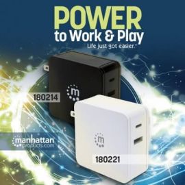 Cargador de energía – 60 W  MANHATTAN 180214 - Negro, Notebook/Laptop/Ultrabook/Tableta, USB-C con entrega de energia (PD 3.0) y puerto USB-A para carga, 5