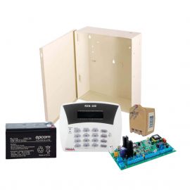 Kit de Alarma Hunter8 para uso de Transmisor Radio incluye Panel de Alarma, Teclado, Gabinete, Batería de 7Ah y Transformador.