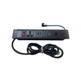 Hub para escritorio color negro, con 1 Puerto HDMI Hembra-Hembra, 1 Conector RJ45 Cat6, 2 Puertos USB 5V DC /2 A, y 1 Contacto eléctrico universal