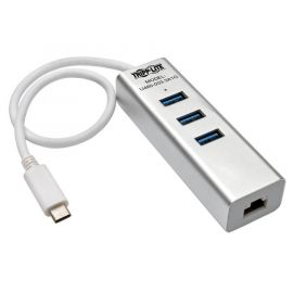 Adaptador de USB-C Tripp-Lite U460-003-3A1G, Superspeed a Red NIC Gigabit Ethernet con Hub USB-A y Ghe, 3.0, Bc 1.2, de 3 Puertos. Plateado, Blanco